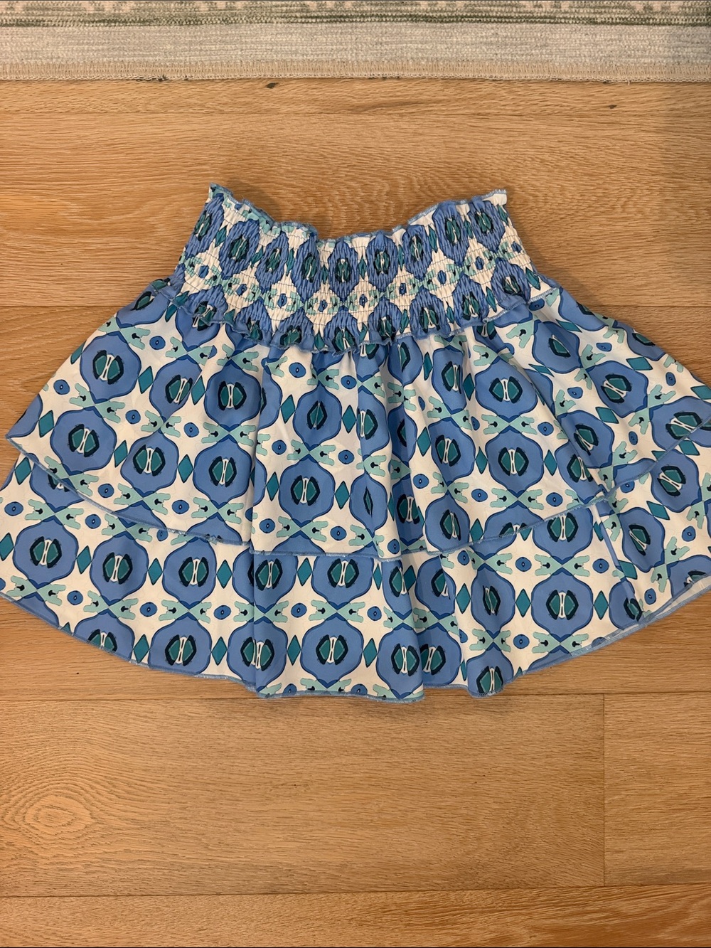 Blue Geometric Tiered Smocked Mini Skirt